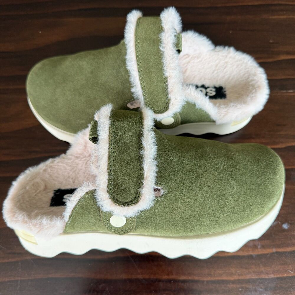 SOREL Viibe Clog Women's Suede Cozy Casual Faux Fur Lined Green Slip On Size 6.5 - Picture 8 of 11